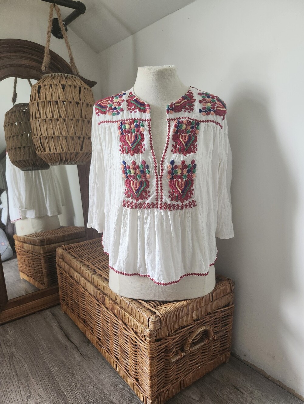White Embroidered Peasant Blouse with Red Stiching